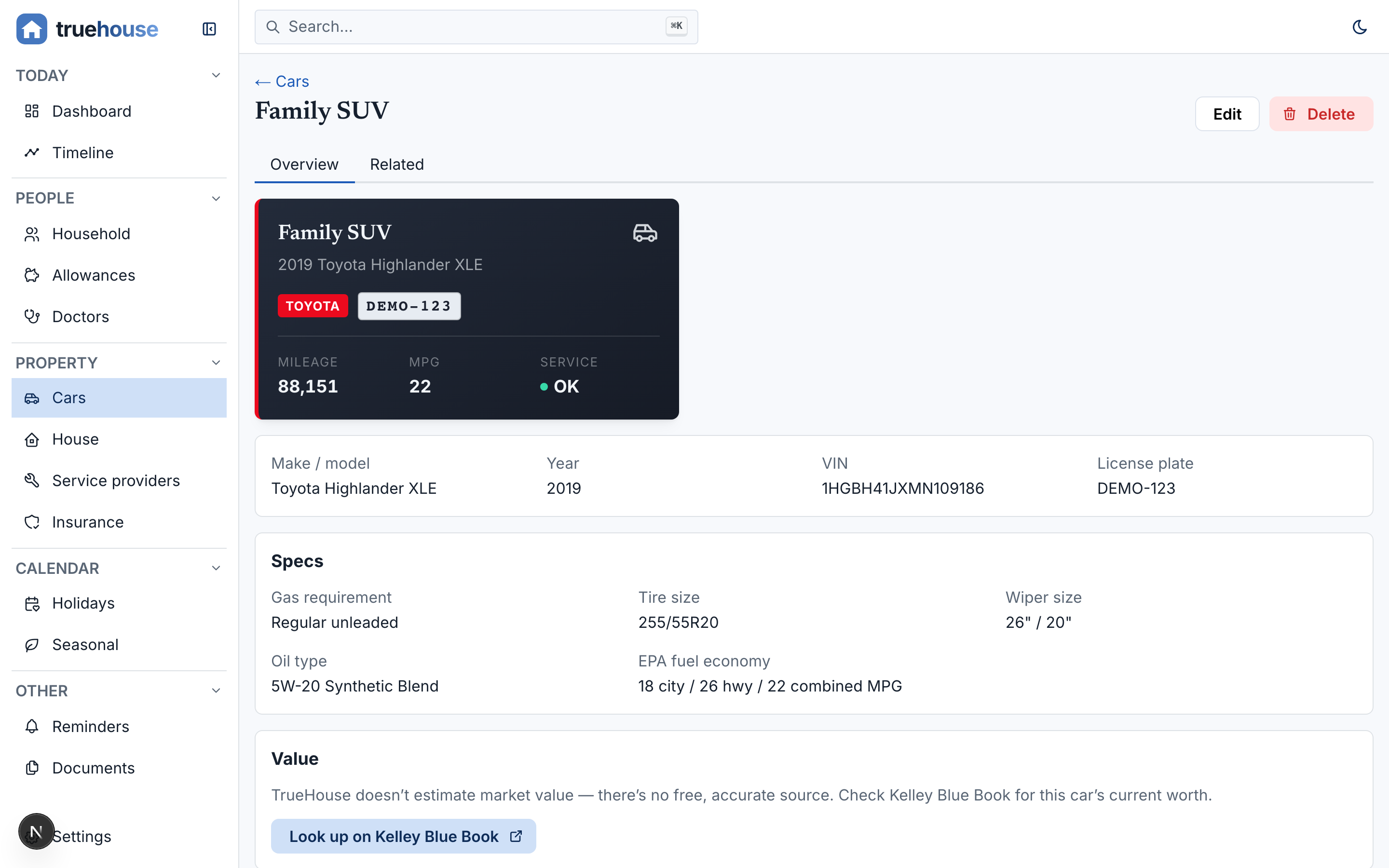 The individual view: one car's fields plus its computed summary, with Edit and Delete