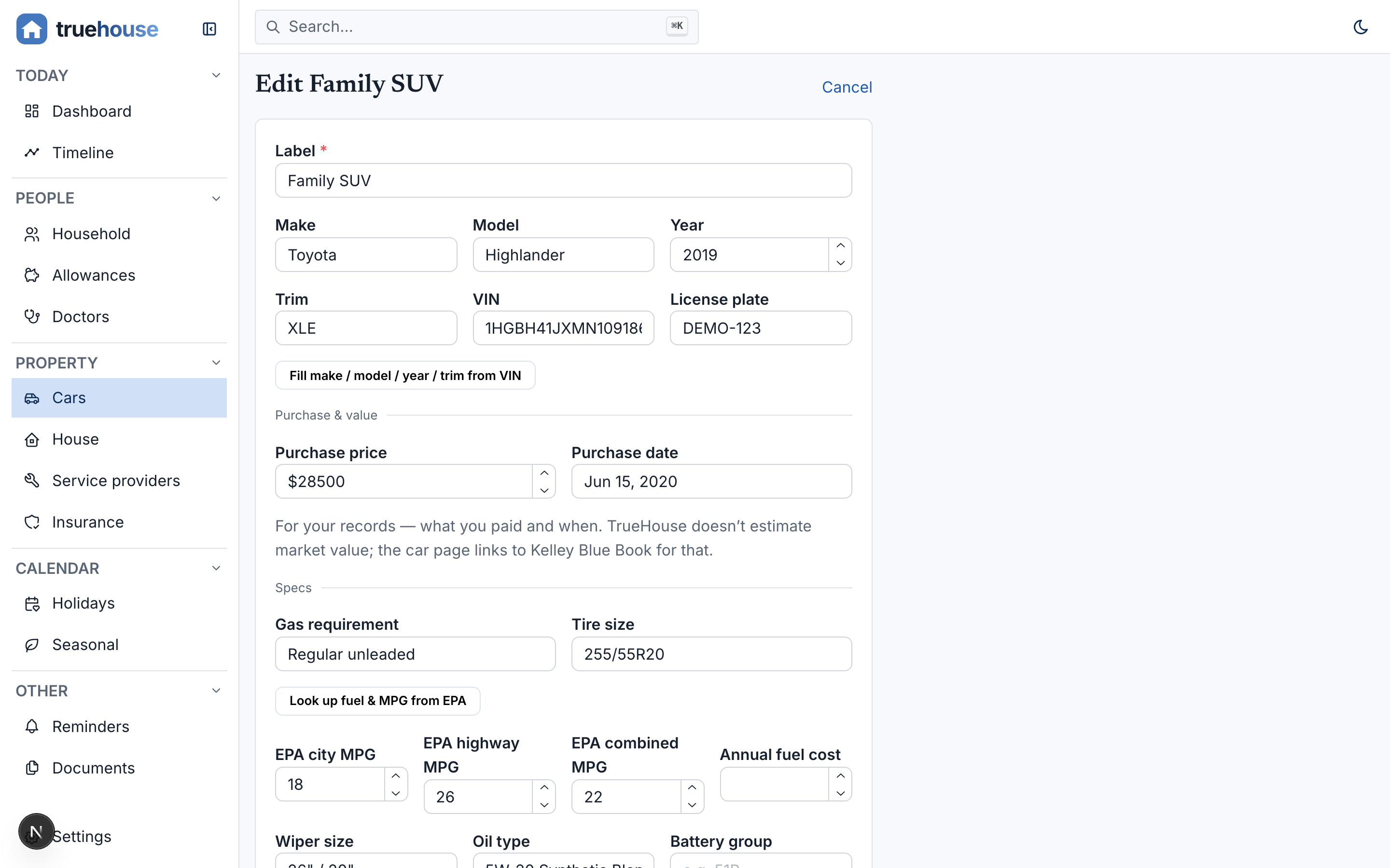 The edit view: the create form arriving pre-populated with the car's values