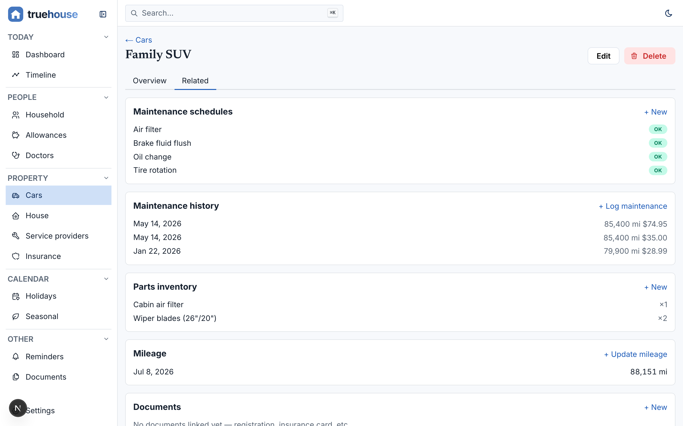 The relations view: the car's child collections rendered as related lists with prefilled New links