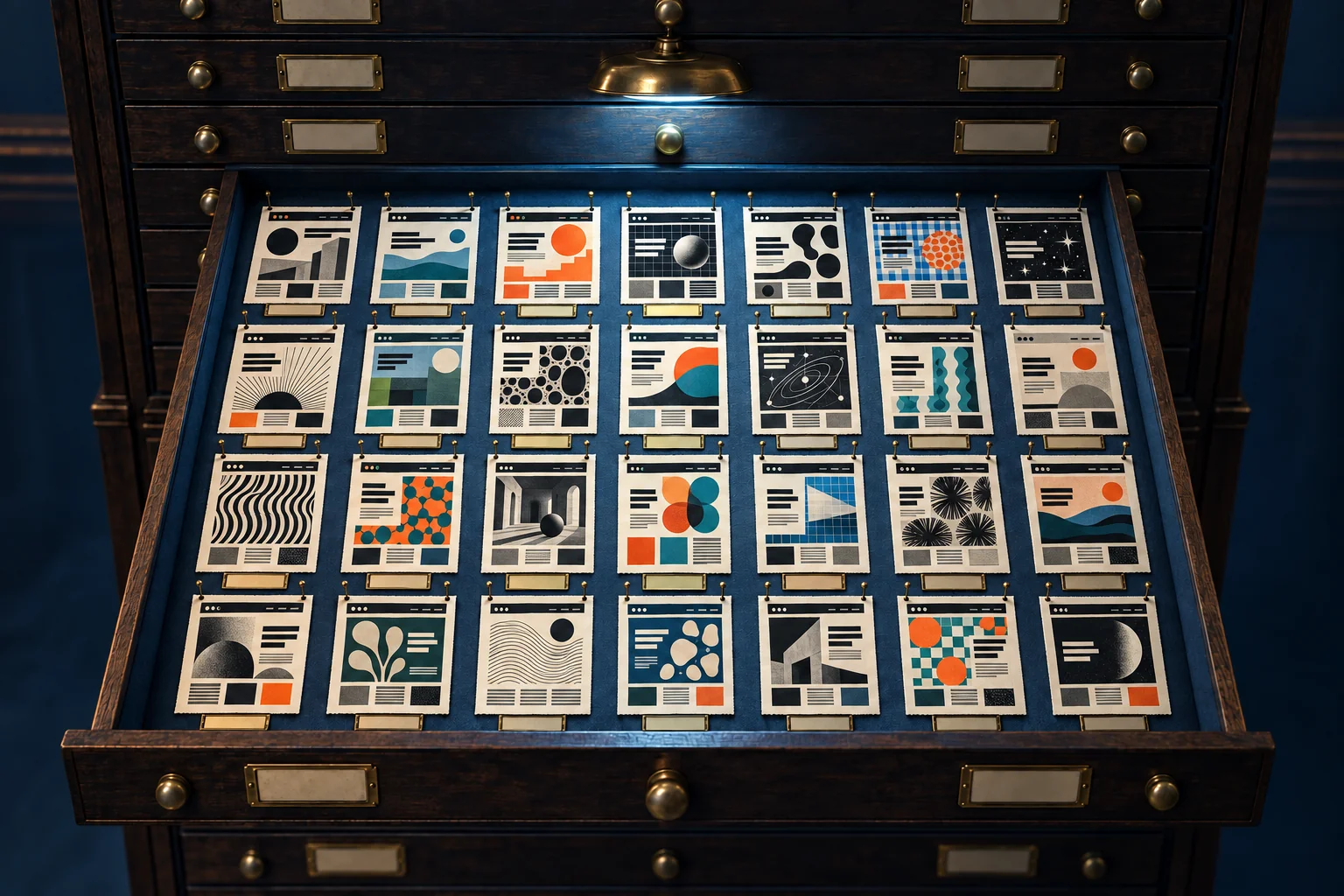 A wooden specimen cabinet with one drawer pulled open, showing rows of small printed website designs pinned like specimens, each with a blank brass label