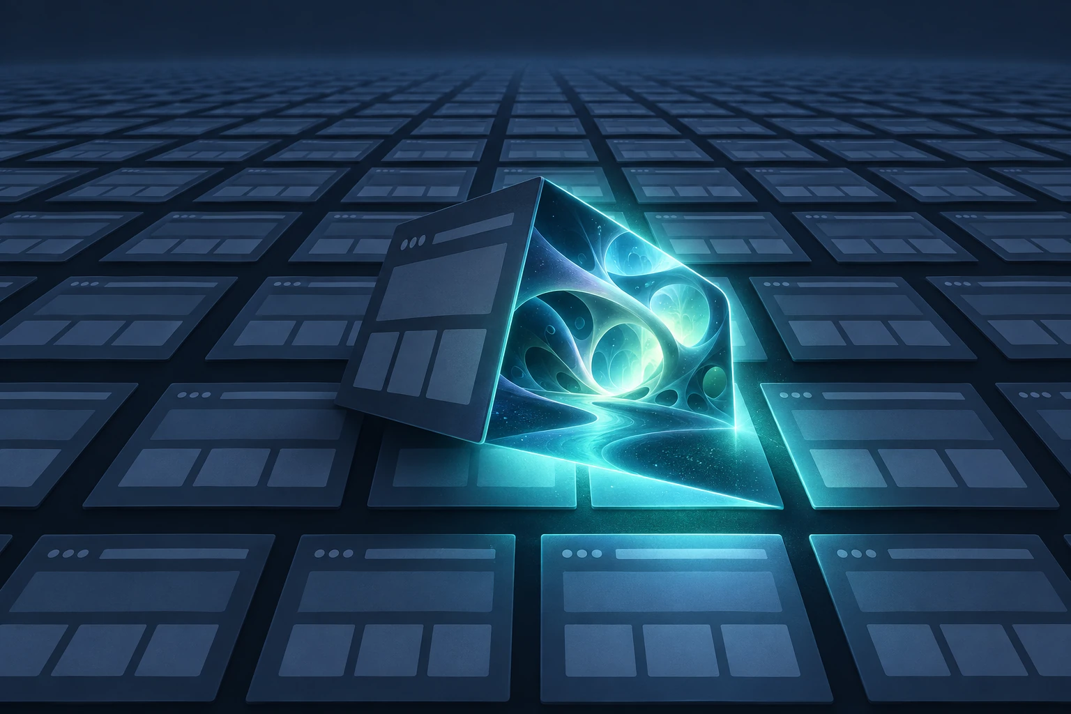 An endless grid of identical dim website tiles, with one tile flipping over to reveal a glowing, organic shape underneath