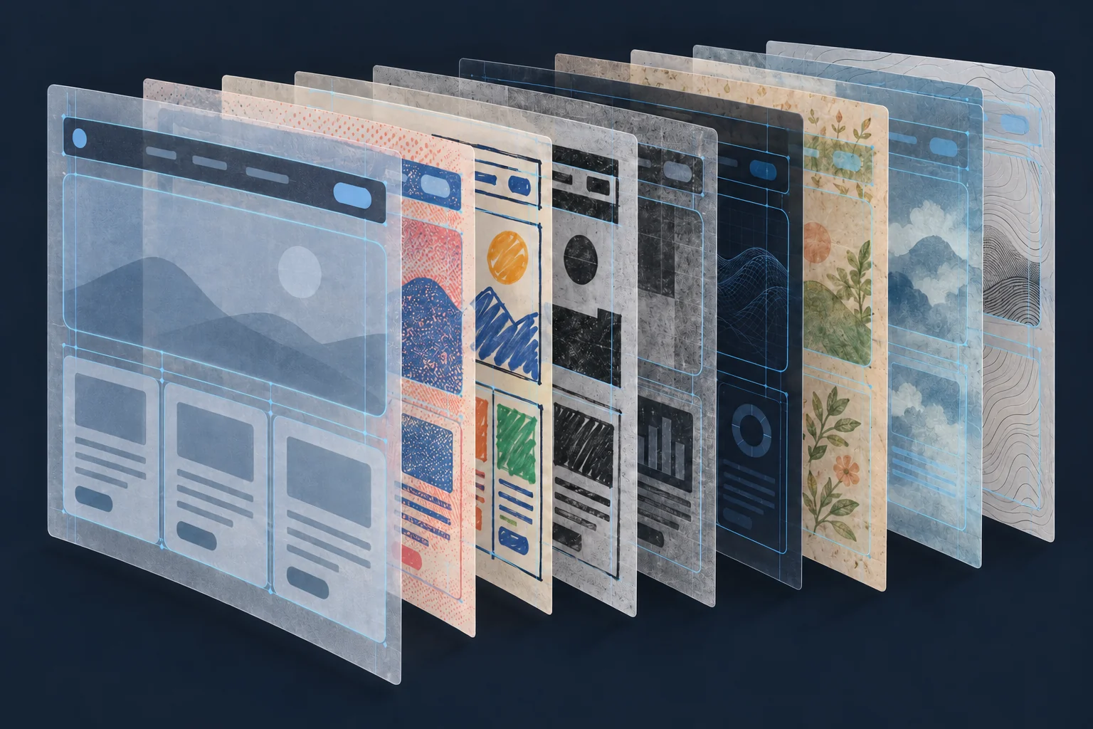 A fanned stack of translucent website mockups in different styles (riso print, marker sketch, brutalist, dark dashboard, botanical, watercolor) whose glowing wireframes line up exactly: same nav bar, same hero, same three cards