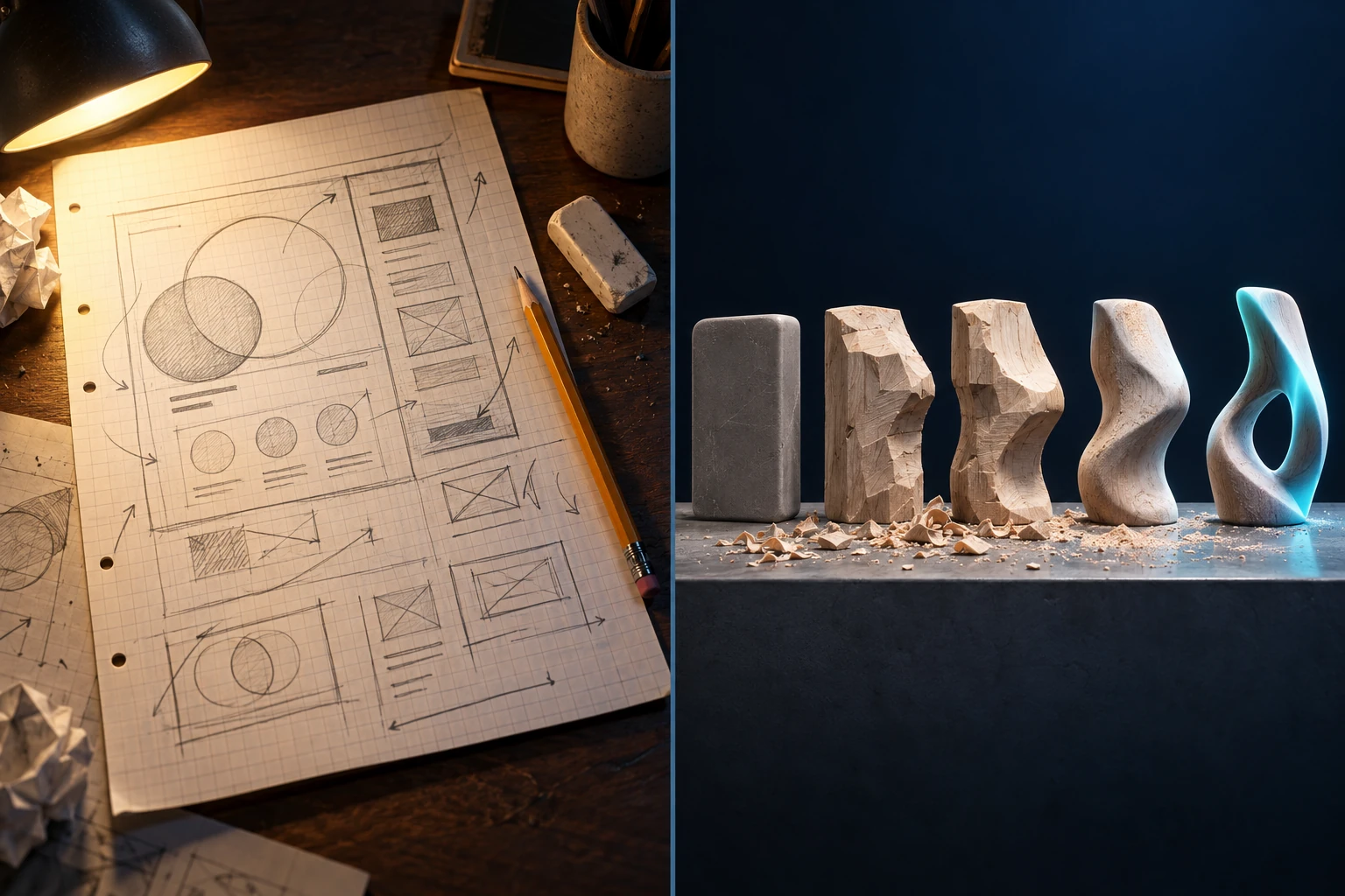 Split image: on the left, a pencil sketch of an unusual website layout on graph paper under a desk lamp; on the right, a plain grey block carved through five stages into a smooth, glowing sculpture