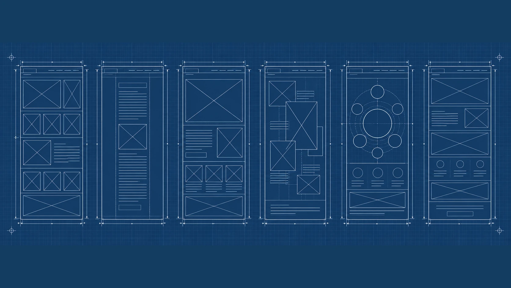 A blueprint drawing of six whole web page layouts side by side: a bento grid, a single text column, a magazine spread, a collage, an orbit of circles, and stacked bands
