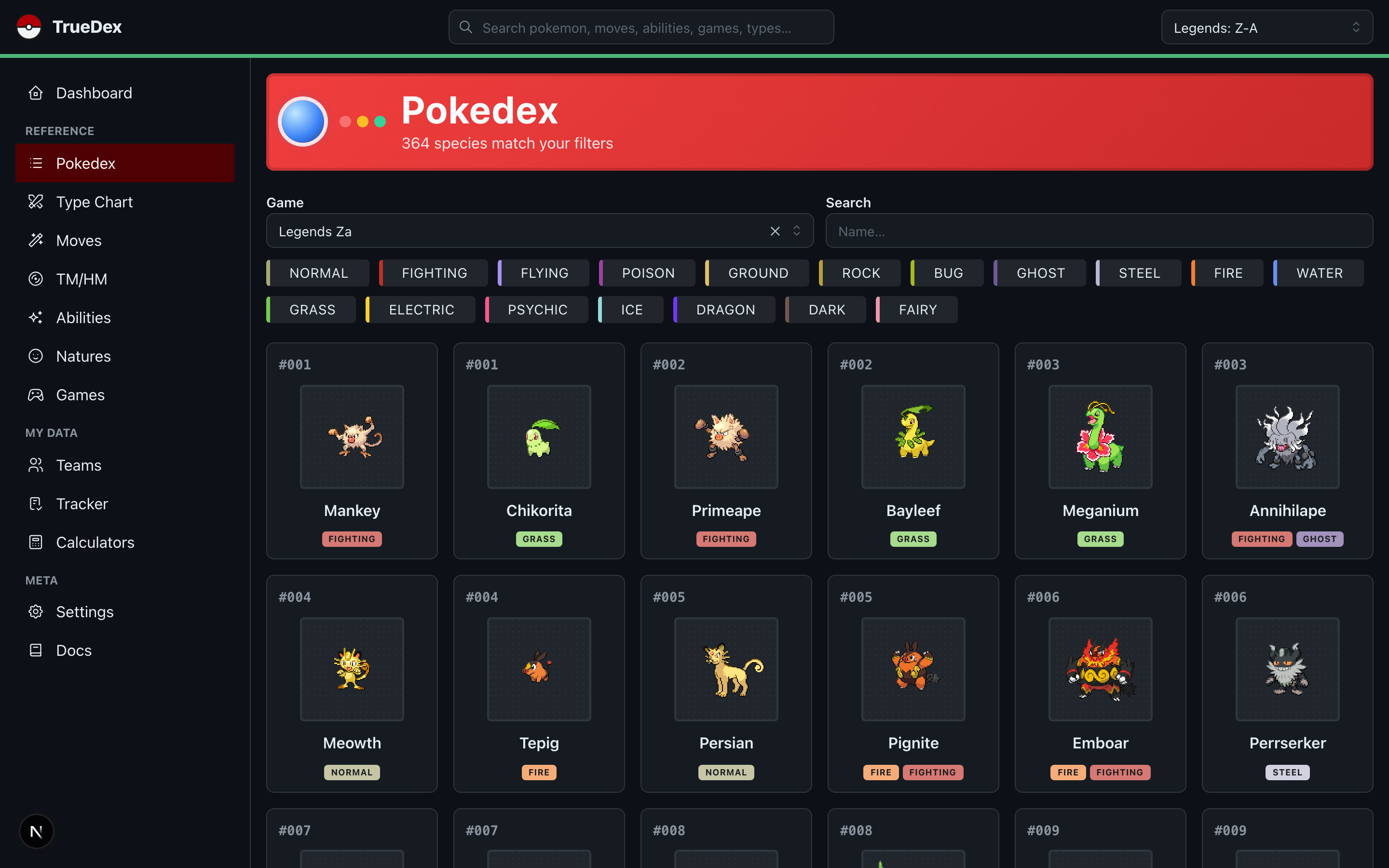TrueDex: per-game Pokedex, species detail, type chart (1 of 3)