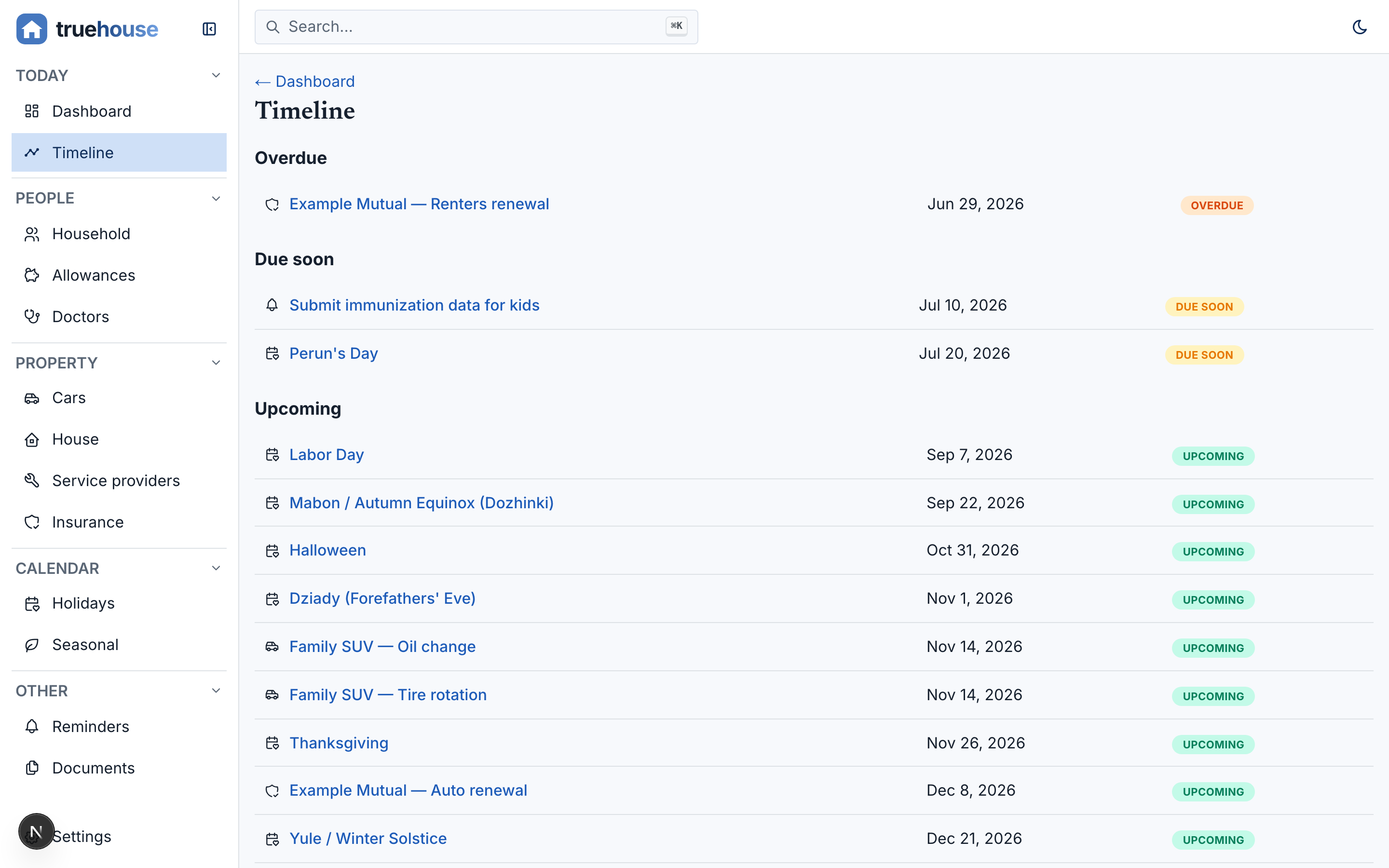 TrueHouse: unified timeline, car detail, seasonal activities, doctors (1 of 4)