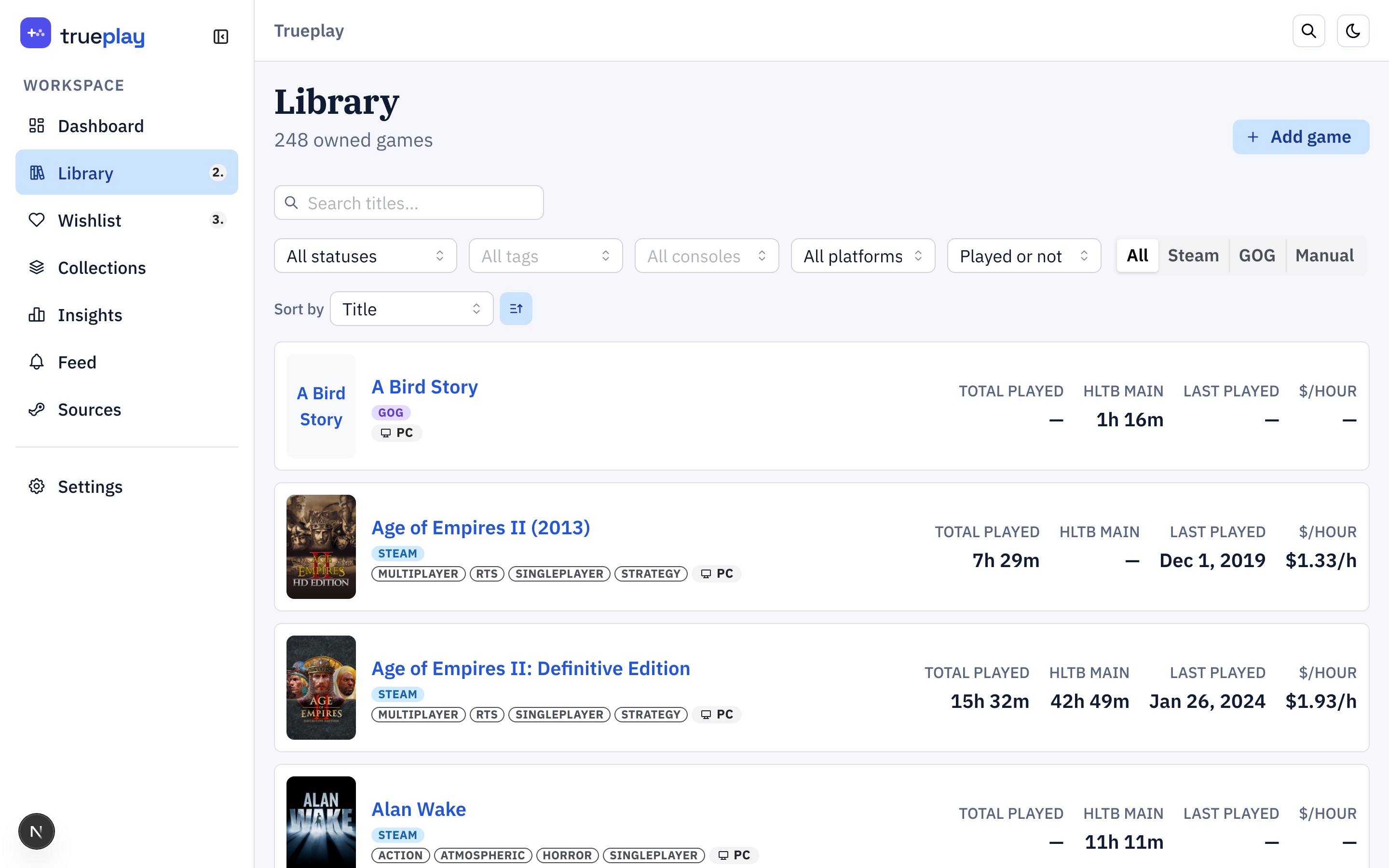 TruePlay: library with cost-per-hour, wishlist price history, game detail (1 of 3)