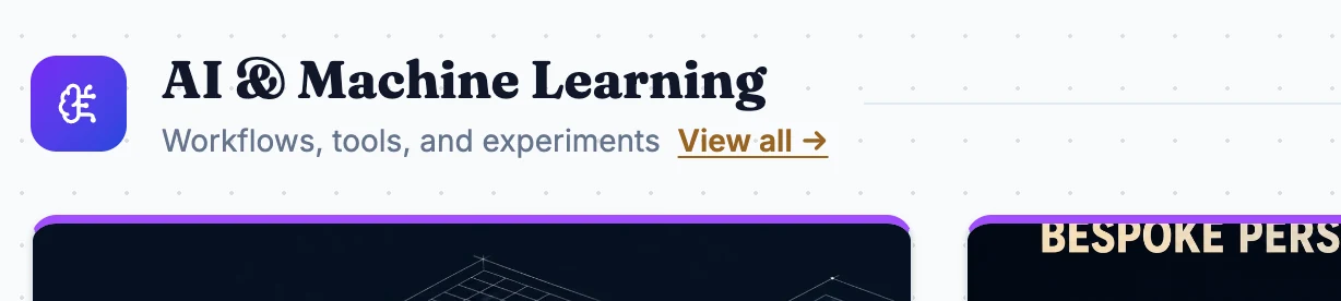 The AI section header on antjanus.com: a purple gradient rounded-square icon, a heavy serif heading, a sans-serif subtitle, and cards below with thick purple top borders